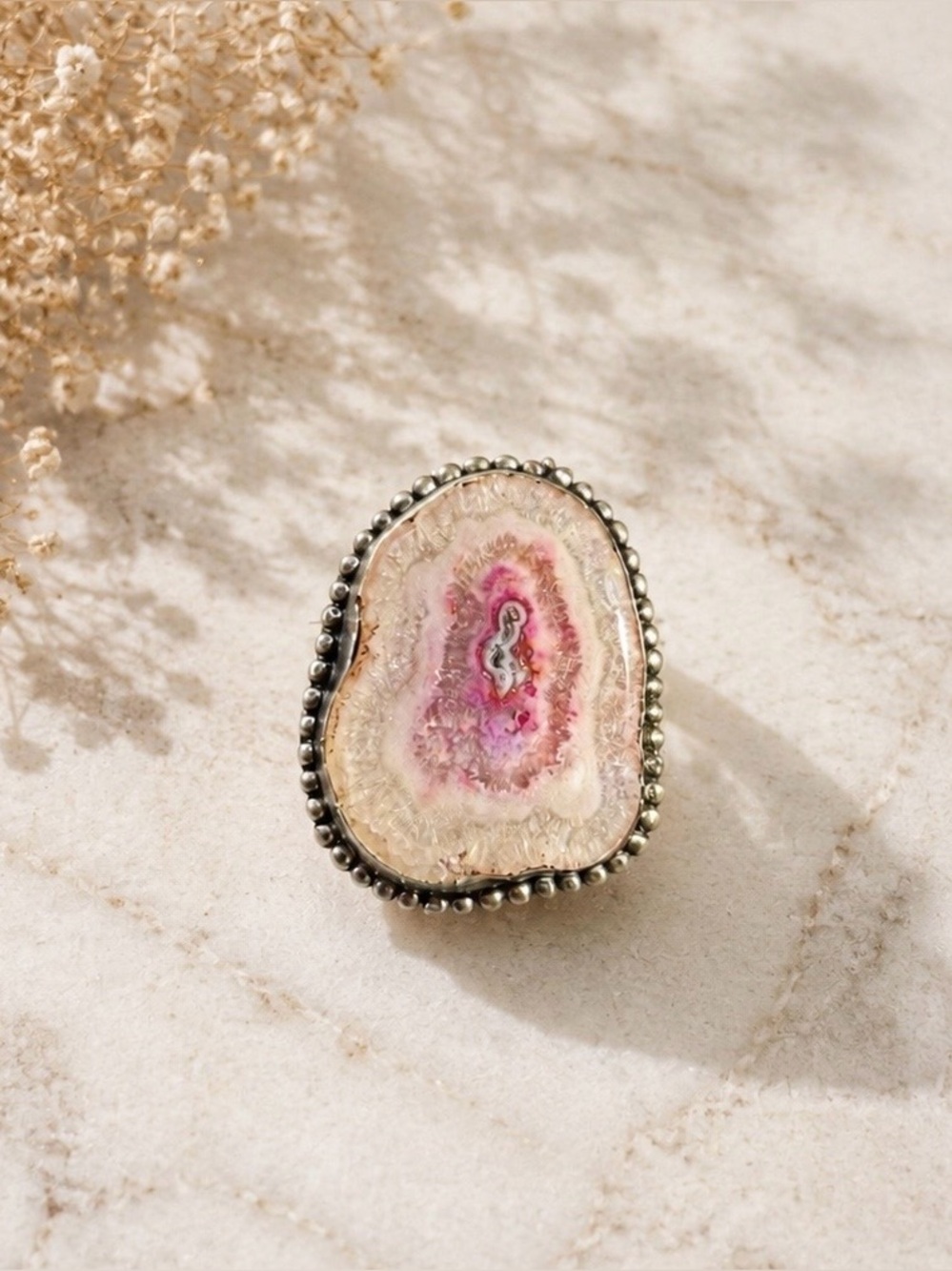 Pink Druzy Agate Geode Ring Sterling Silver Statement Jewelry size 9
